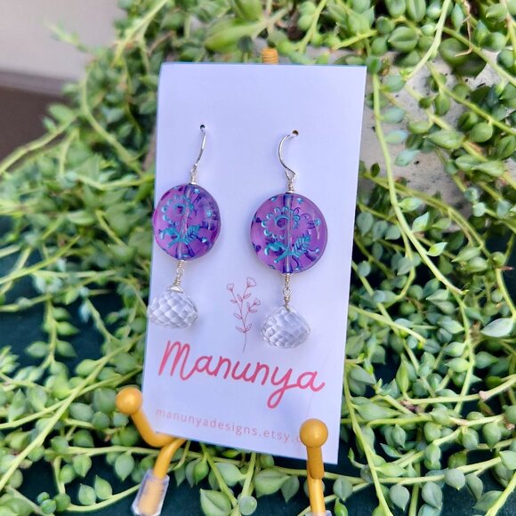 Dangle Flower Earrings - Blue, Green, Purple - Picture 8 of 13